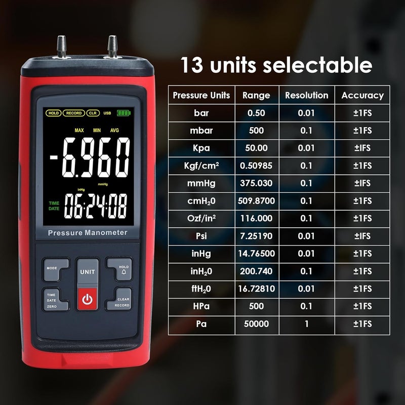 DANOPLUS Manometer Data Logger Digital Manometer Gas Pressure Tester with ±200 inH2O Measuring Range, Differential Pressure Gauge 13 Selectable Units Manometer HVAC with Large LCD Screen - Image 4
